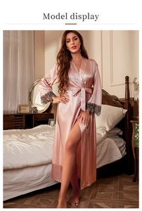 Pink satin long robe with charcoal lace cuffs and matching tie waist detail for women