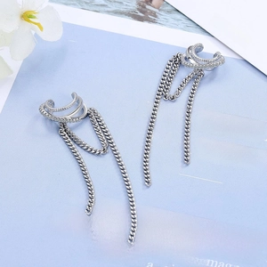 Silver long tassel ear cuff with sparkling rhinestones and layered metal chains