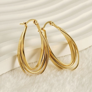 French retro style multi-layer gold plated hoop earrings in minimalist stainless steel