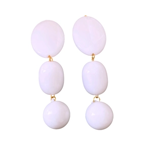 Vintage geometric white fringe drop earrings with gold metal rings on white background