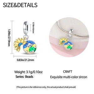Detailed size chart for sunflower zircon charm bead with exact dimensions and weight