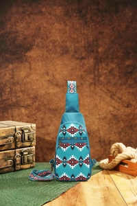 Detail of bohemian teal crossbody bag with ethnic patterns and metal zipper features