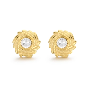 Elegant gold round stud earrings with spiral texture and white crystal inlay