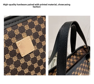 Close-up of golden hardware and floral clover print on leather bucket handbag
