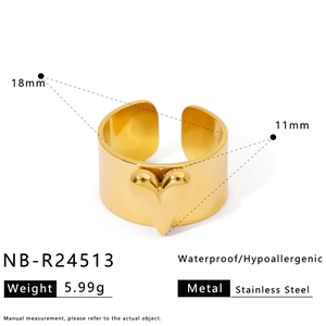 Technical view of a wide heart ring in gold finish showing 18mm diameter and 11mm width
