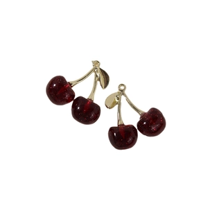Realistic dark red cherry pendants with gold leaf accents for DIY earring jewelry making