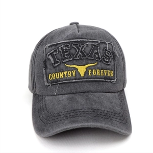 Vintage gray washed cotton baseball cap with Texas embroidery and yellow steer logo