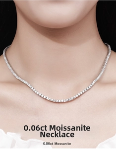 Close-up of 0.06ct moissanite tennis necklace in 925 sterling silver on model neck