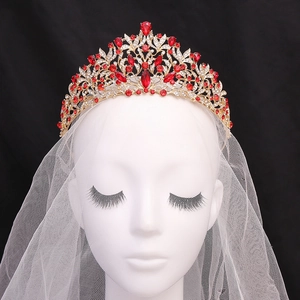 Baroque bridal crown with red ruby crystals and white rhinestones on gold floral base
