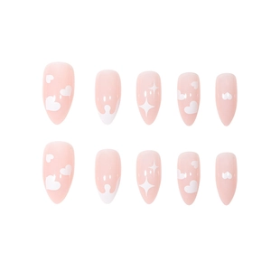 Sweet pink almond press-on nails with white hearts and stars in a 10-piece set