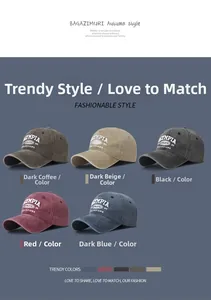 Detail showing five colors of washed cotton baseball caps with Olympia athletic embroidery