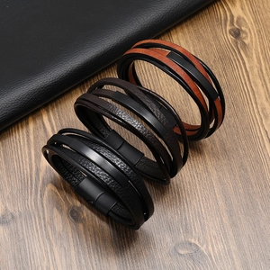 Multilayer Braided Leather Bracelet With Stainless Steel Bar Alloy Magnetic Buckle Vintage Jewelry For Men