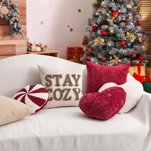 Cozy Christmas throw pillow set with STAY COZY embroidery and velvet heart cushions