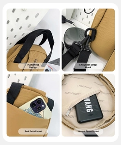 Detail shots of khaki crossbody bag showing back pocket for phone and inner zip compartment