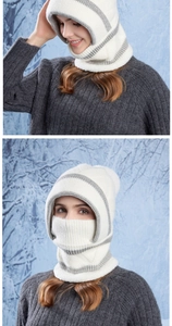 Detail view of winter knitted hooded scarf with fleece lining and windproof striped design