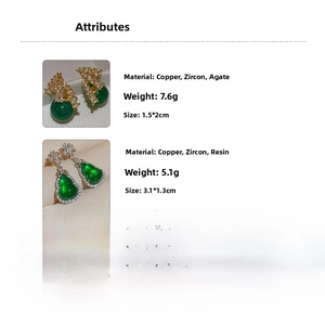 Detailed specifications of resin gourd and zircon earrings with material and size info