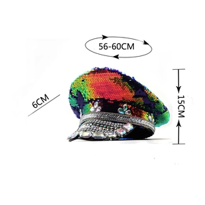 Detailed size specifications for sequin captain hat showing height and circumference
