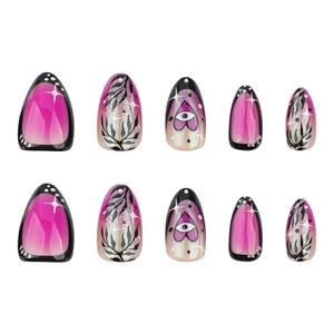 Faux ongles amande avec dégradé rose, motifs de feuilles noires et étoiles pailletées