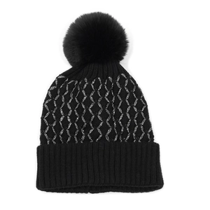 Women's black knit beanie with silver glitter grid pattern and faux fur pom-pom detail