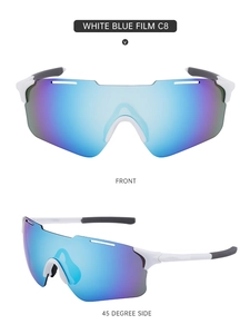 Front and 45-degree side view of white sports sunglasses with blue-purple lenses