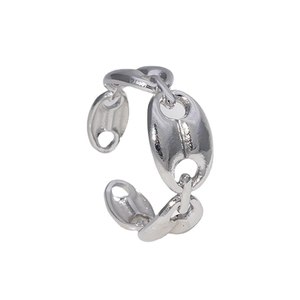 Minimalist silver adjustable open ring with retro pig nose anchor chain link design