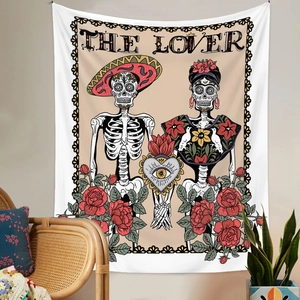 Bohemian skull lover tapestry wall hanging with colorful floral Mexican folk art