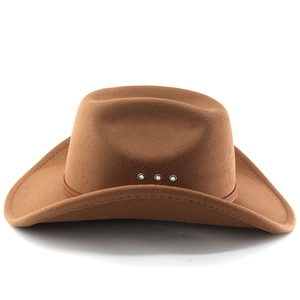 Detail of brown wool felt western cowboy hat with metal eyelets and leather band
