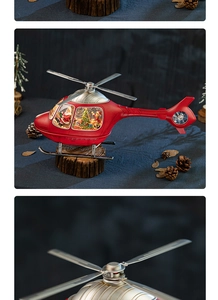 Detailed red helicopter Christmas snow globe featuring Santa Claus and tree on wood base