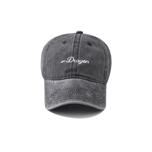 Vintage washed dark grey cotton baseball cap featuring 3D white Dragon embroidery