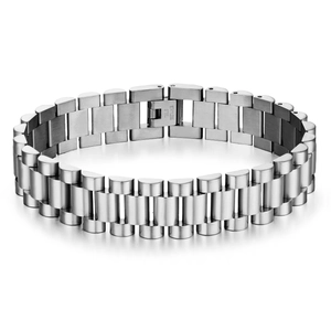 Polished silver stainless steel 15mm men bracelet with classic watch band link design