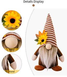 Detail view of Thanksgiving gnome featuring sunflower accents and striped hat decorations