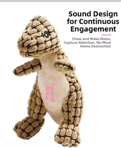 Detail of plush dinosaur dog toy showing textured brown fabric and internal squeaker area