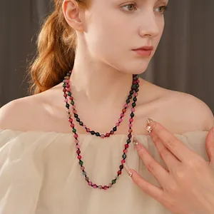 Bohemian colorful agate round pendant necklace with multi-layer beaded chain for women