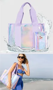 Close-up of holographic purple tote bag with jacquard straps and waterproof splash detail