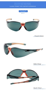 Three-angle view of black frame cycling glasses with orange non-slip rubber and grey lenses