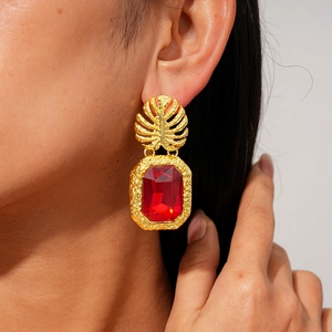 Vintage Monstera Leaf Drop Earrings Women Red Geometric Crystal Alloy Jewelry With Silver Earring Post Retro Style