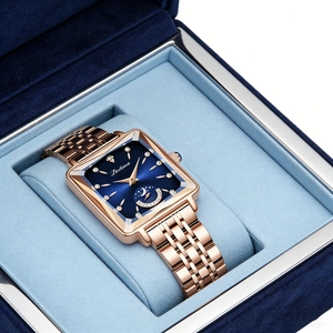 Square rose gold watch with moon phase dial and luxury velvet gift box presentation