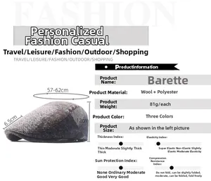 Detailed size specifications for wool blend newsboy cap with grey houndstooth pattern