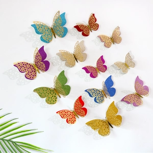 3D hollow butterfly wall stickers with metallic gold texture and colorful glitter layers