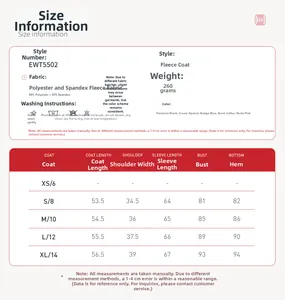 Detailed size chart for fleece jacket EWT5502 with dimensions for sizes S to XL