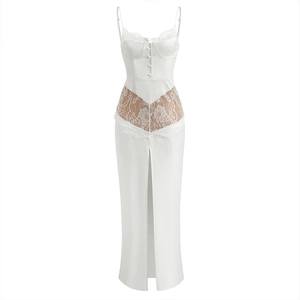 Elegant white satin slip dress with lace stitching, side slit and corset bodice detailing