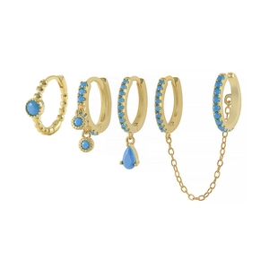 Gold chain tassel earring set with turquoise stones and geometric cuffs on white background