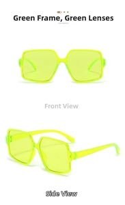 Front and side views of oversized fluorescent green square sunglasses in jelly plastic