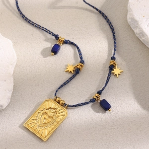18K gold plated square sacred heart pendant necklace with navy woven rope chain