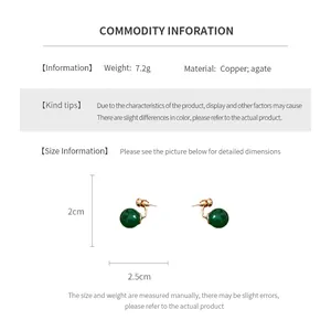 Detail showing 2cm by 2.5cm dimensions of green agate earrings with 7.2g weight