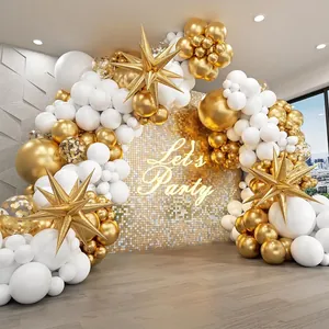 Elegant black and gold balloon arch kit with star foil balloons and Let's Party sign