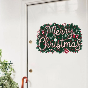 Festive Christmas door sticker with Merry Christmas lettering and holly garland on white door