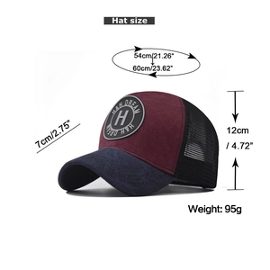 Detailed size chart for baseball cap showing 54-60cm circumference and dimensions
