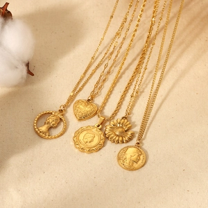 Retro 18K gold plated stainless steel necklace set with coin and heart pendants