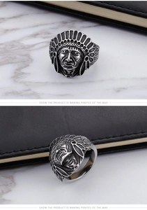 Detailed front and side view of a vintage stainless steel Indian chief ring with feathers